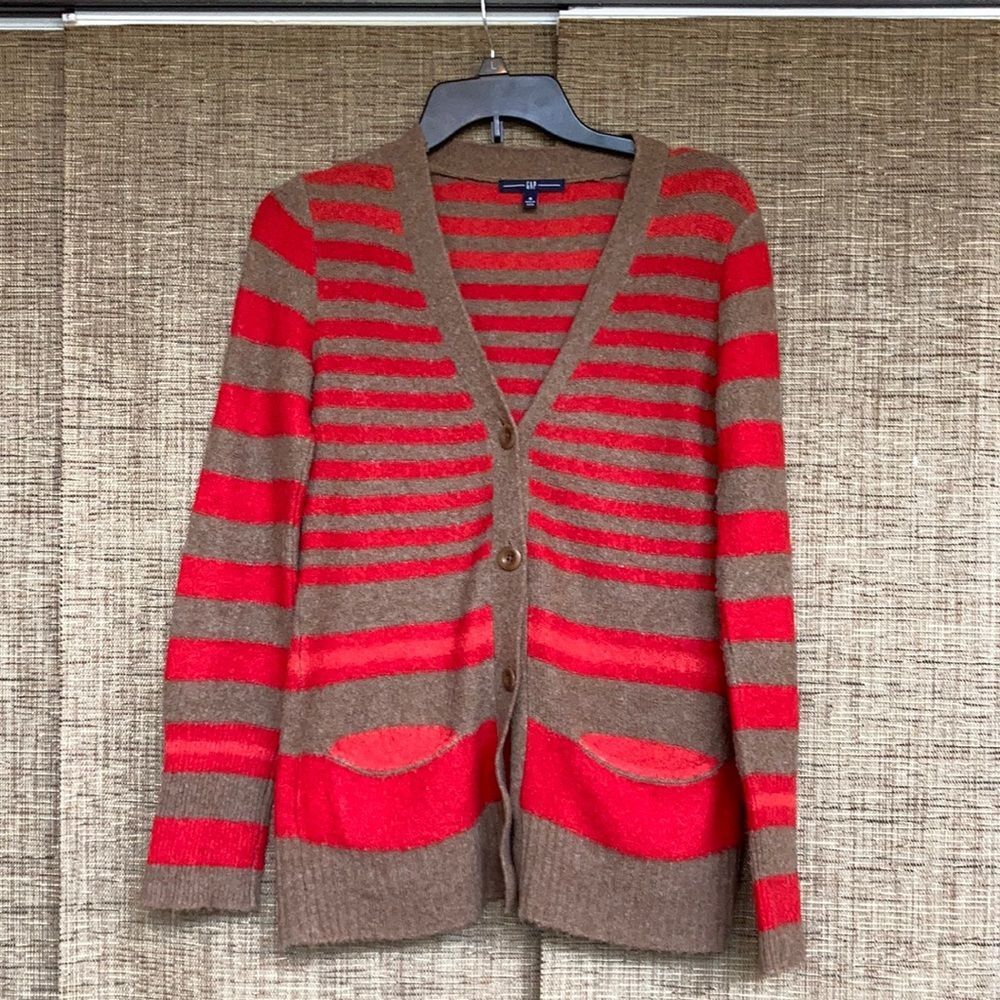 Vintage GAP wool blend sweater cardigan red and came red stripes